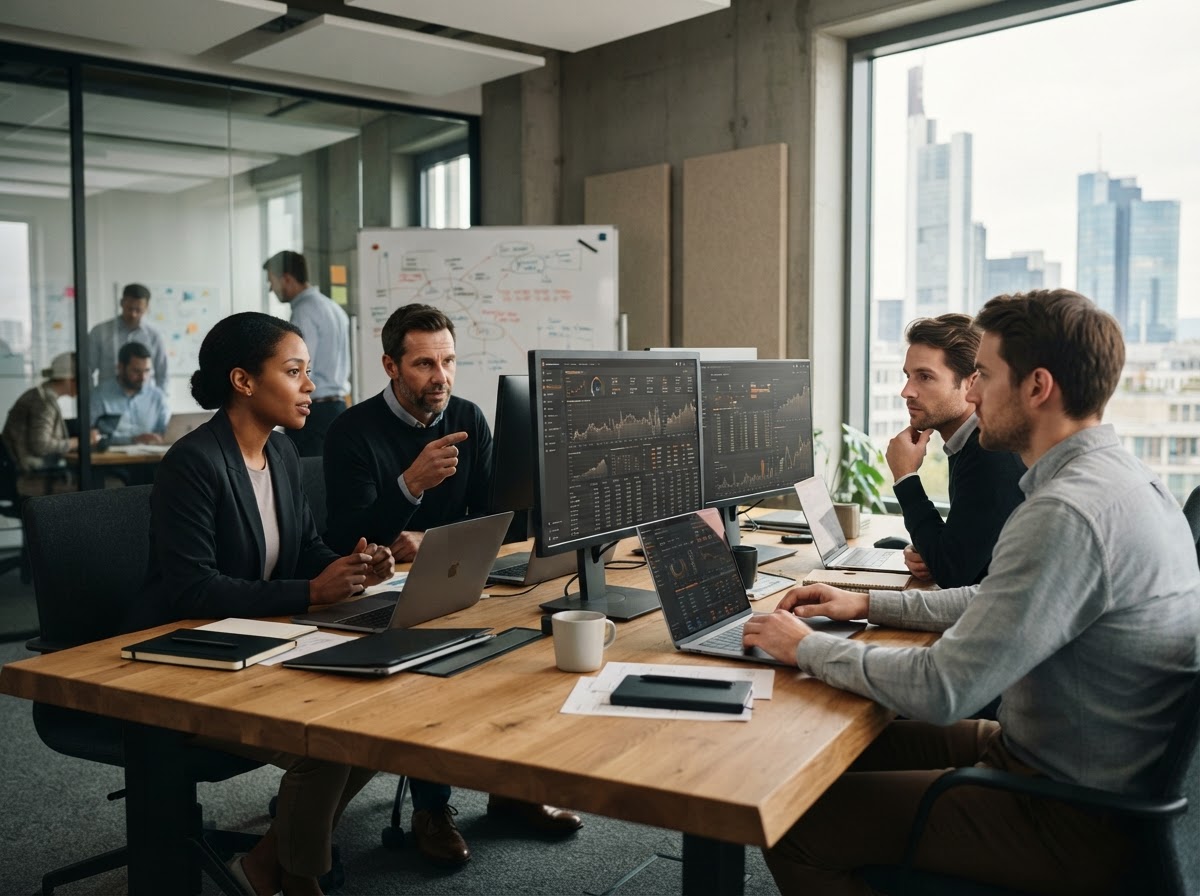 Brightmint Warrant analyst reviewing AI-generated portfolio risk data on a workstation